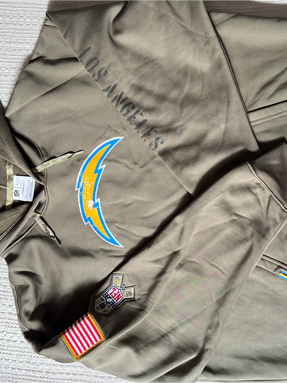 NFL Olive Los Angeles Pullover Hoodie with Yellow & Blue Lightning